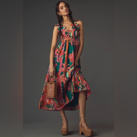 Farm Rio x Anthropologie Pleated Palm Midi Dress - Picture 1 of 10